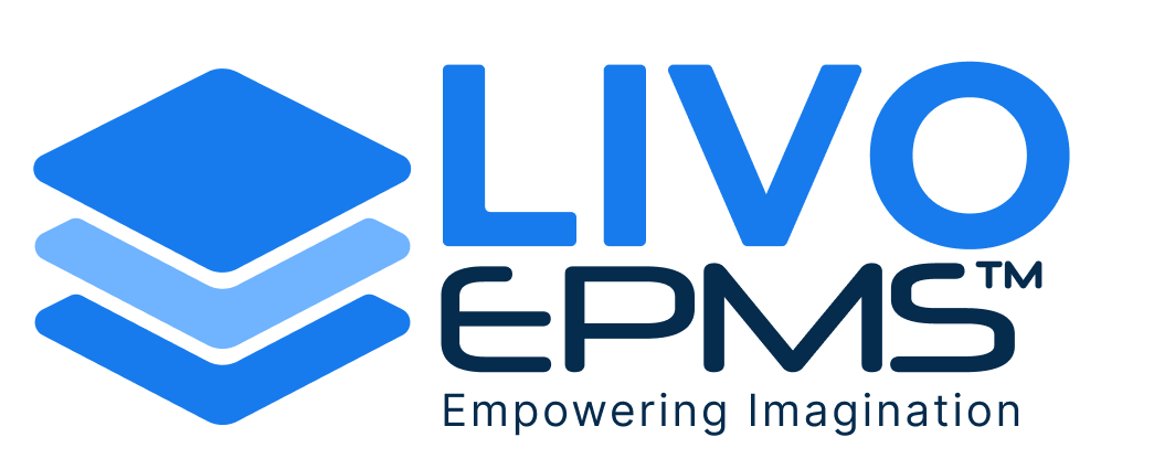 cropped-livo-epms-new-05png - LIVO ERP LIVO EPMS logo: three stacked blue diamonds and the words 'LIVO EPMS' with the tagline 'Empowering Imagination' in blue.